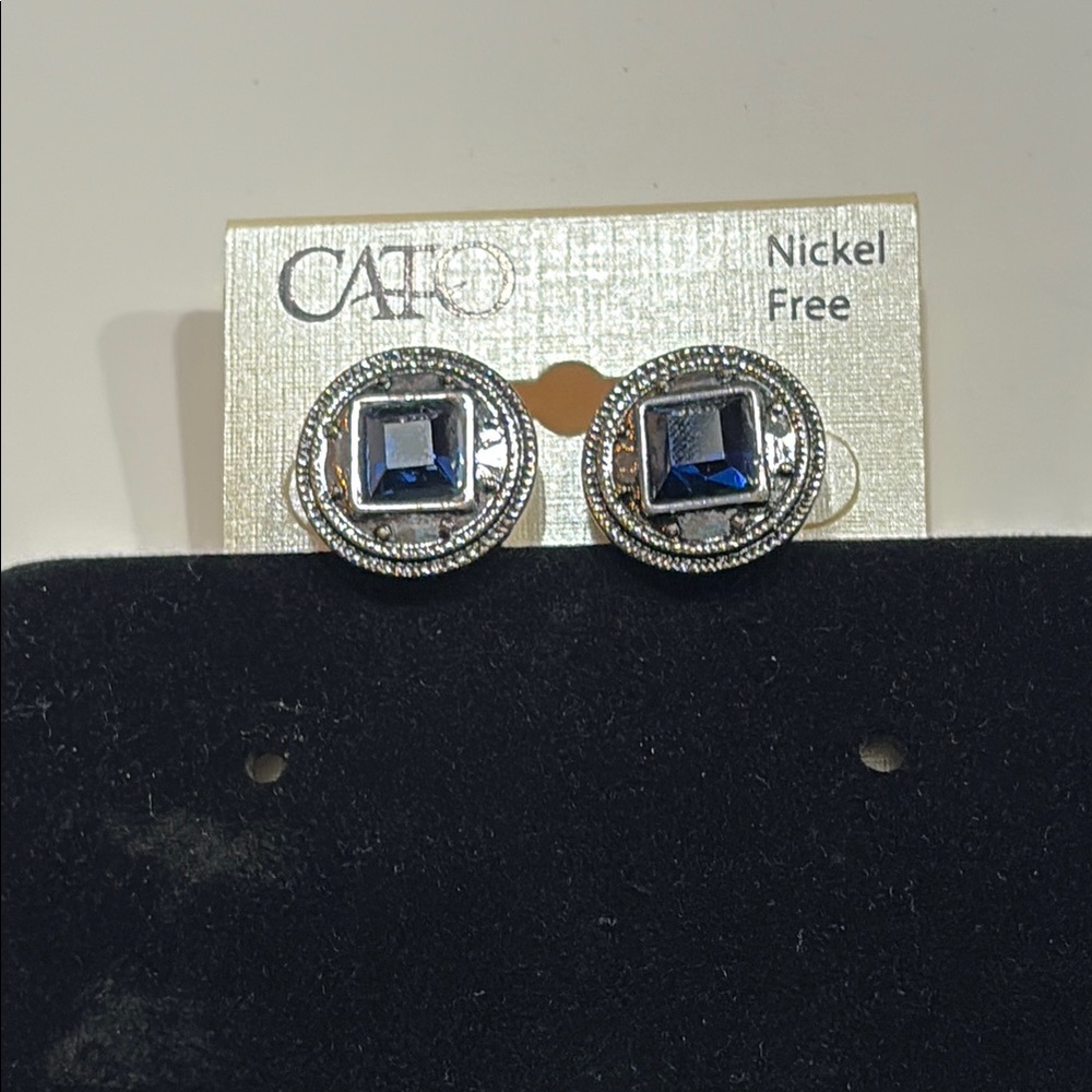 Cato Silver-Tone Round Studs with Dark Blue Square Crystal